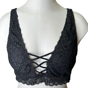 VICTORIAS SECRET Black Lace Floral Strappy Front Bralette V-Neck Womans‎ Large